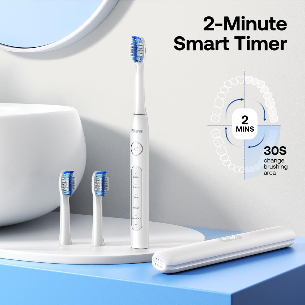 Bitvae Ultrasonic Electric Toothbrush for Adults and Kids, ADA Accepted Travel Toothbrush with Rechargeable 60-Day Battery Life, 5 Modes, 8 Heads, Case, Holder, Frost White