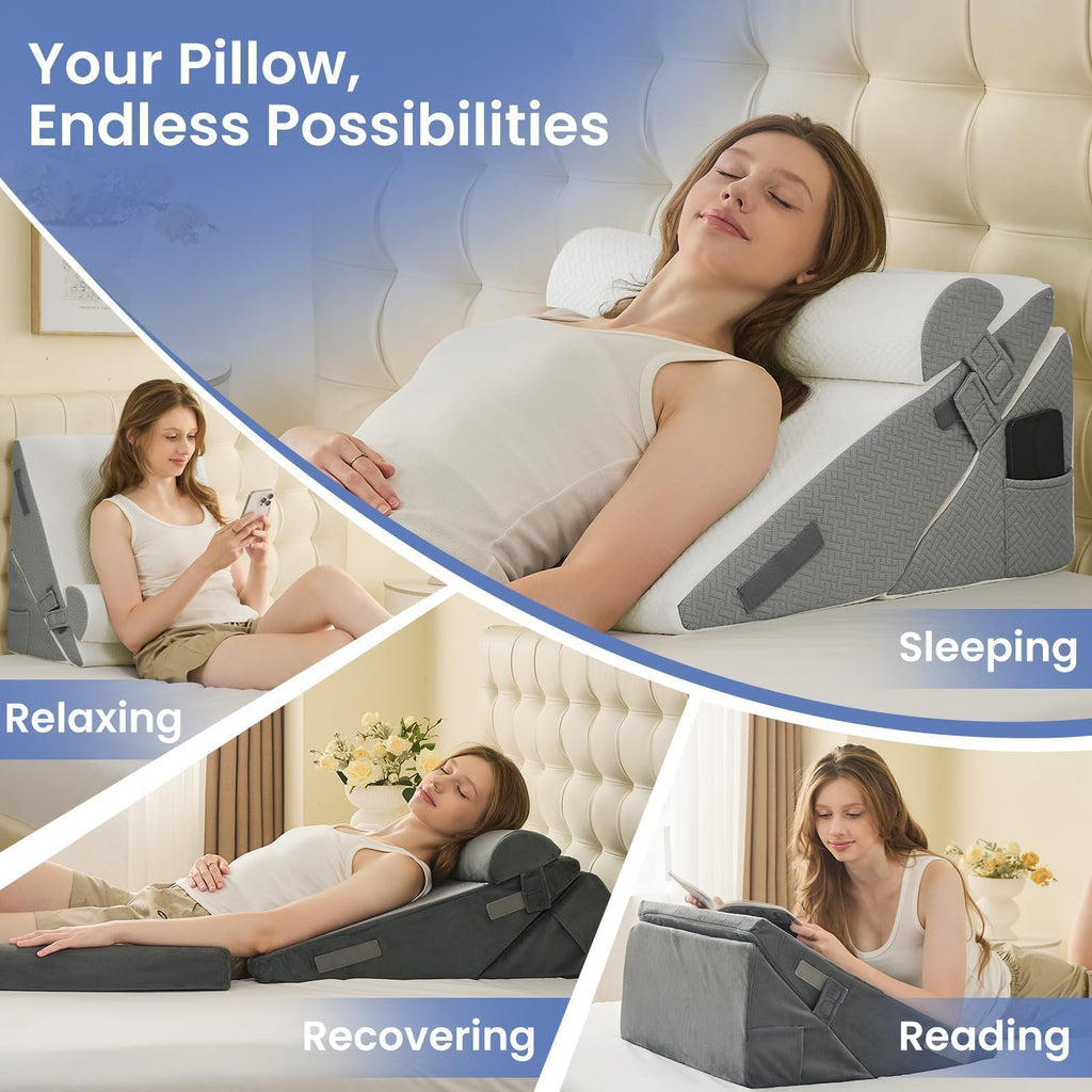 Sasttie Wedge Pillow Set for After Surgery, 2PCS Adjustable Bed Wedge Pillow Headboard with Memory Foam Neck Cushion – for Acid Reflux, Sleeping, Neck & Back Support, Dark Grey & White
