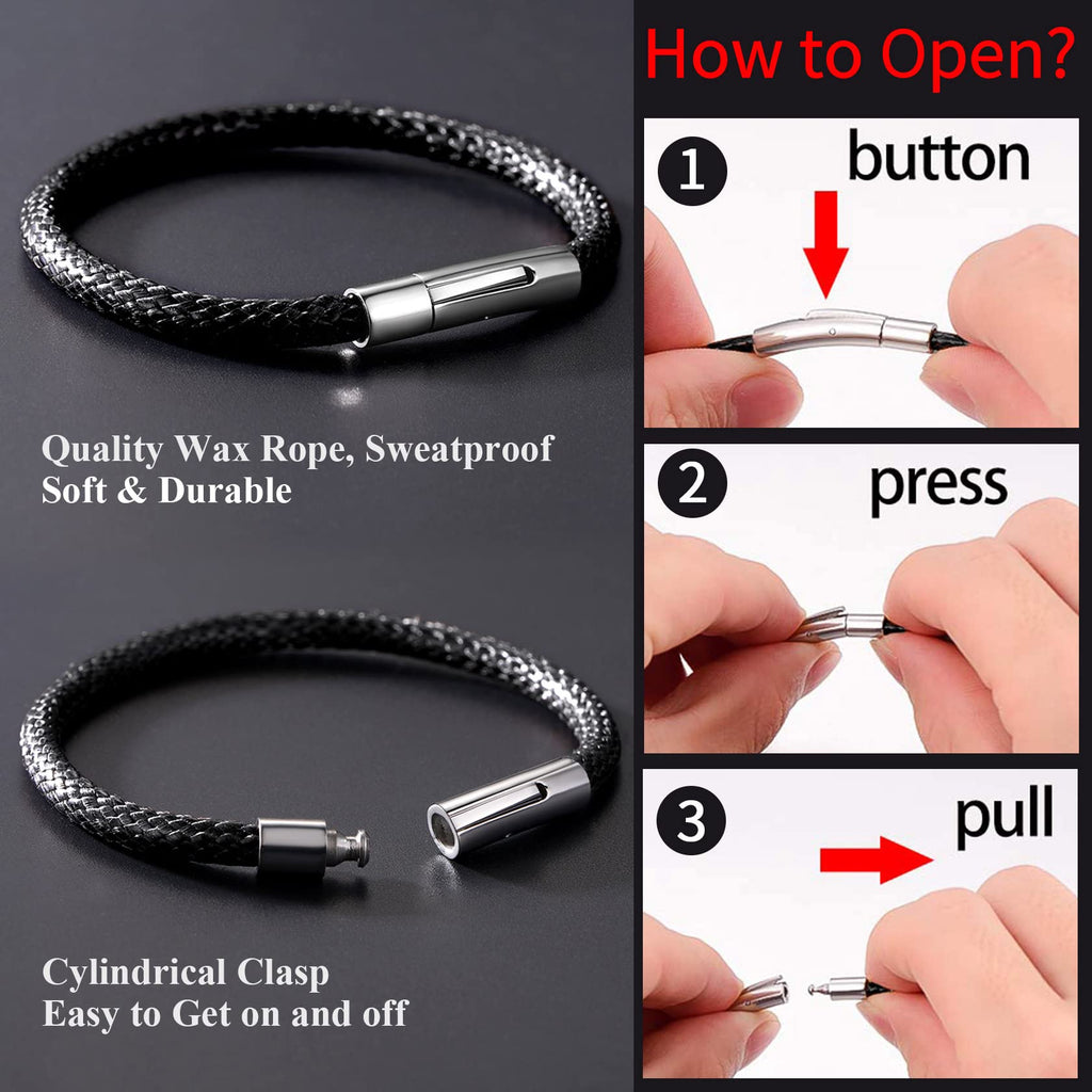 ChainsHouse Mens Black Leather Bracelet Cord 5mm 7.9 inch Black Stainless Steel Clasp Leather Bracelets Waterproof Cuff Bracelet