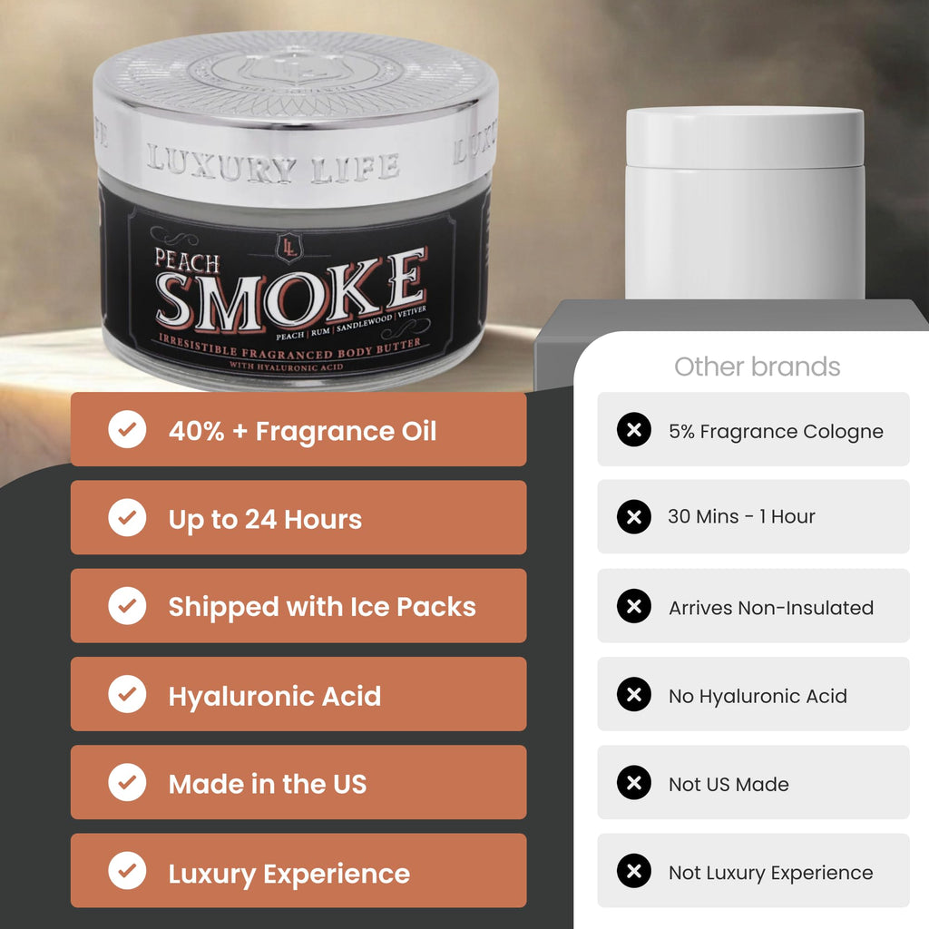 LUXURY LIFE BUTTER - Irresistibly Scented Body Butter with Hyaluronic Acid for Ultimate Moisture. Luxurious Natural Fragrance. Hydrates for a Non-Greasy Glamorous Glow, Peach Smoke, 5 oz.