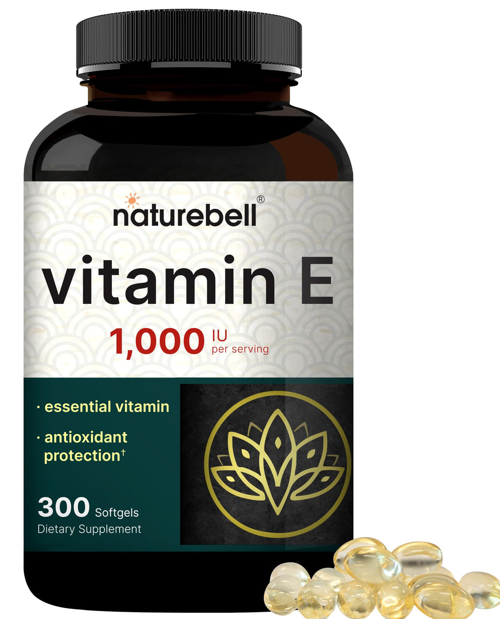 NatureBell Vitamin E 1,000 IU Per Serving - 300 Softgels - Antioxidant Supplement for Skin, Heart & Brain Health Support - High Bioavailability* - Gluten-Free & Non-GMO