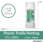 AlpineReach Trellis Netting 4ft x 328ft Heavy Duty Plastic White - 6 Inch Mesh Support Twine for Growing High Yield Tomatoes, Peas, Vine Climbing Plants Fruits Vegetables