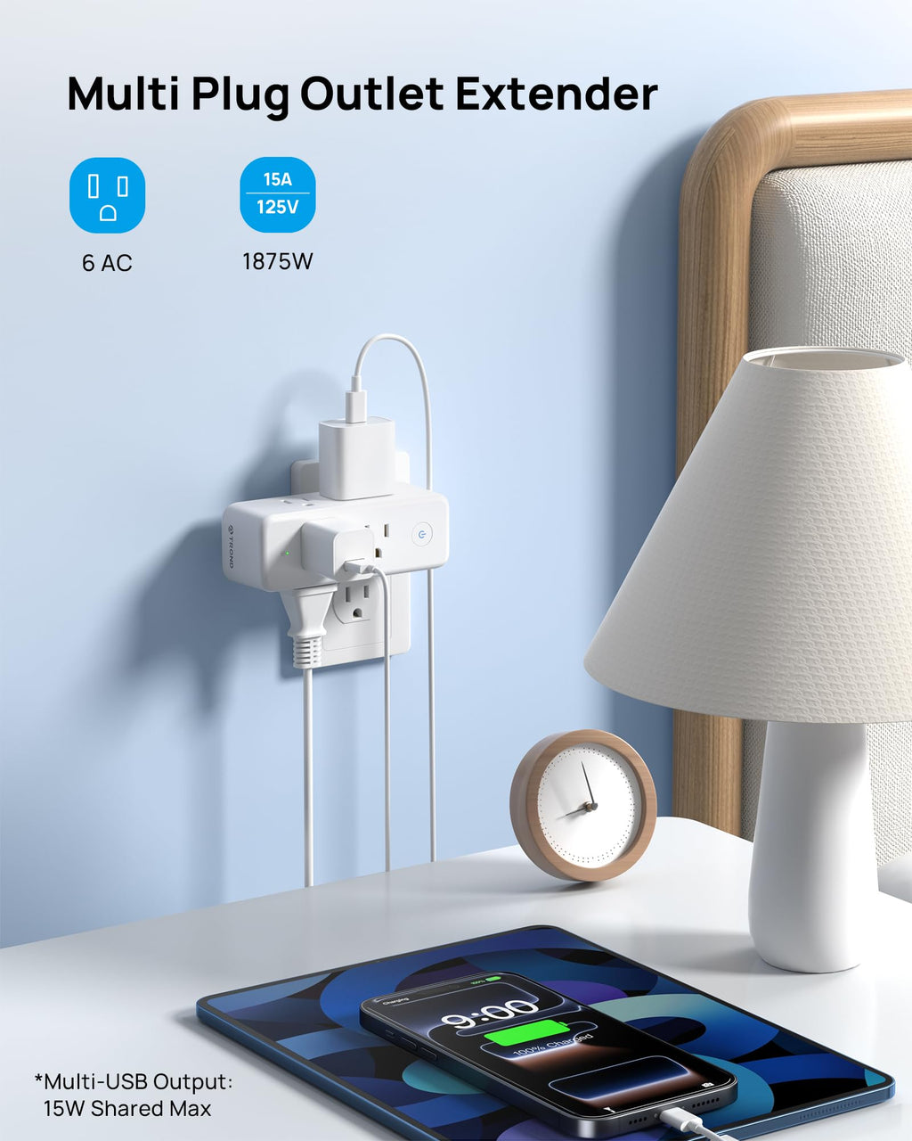TROND Outlet Extender Surge Protector - 6 AC Outlet Splitter with 360 Rotating Plug, Multi Sockets Wall Expander with Power Switch, 1440J, 3 Way Plug Adapter for Home Bathroom Kitchen Office Dorm