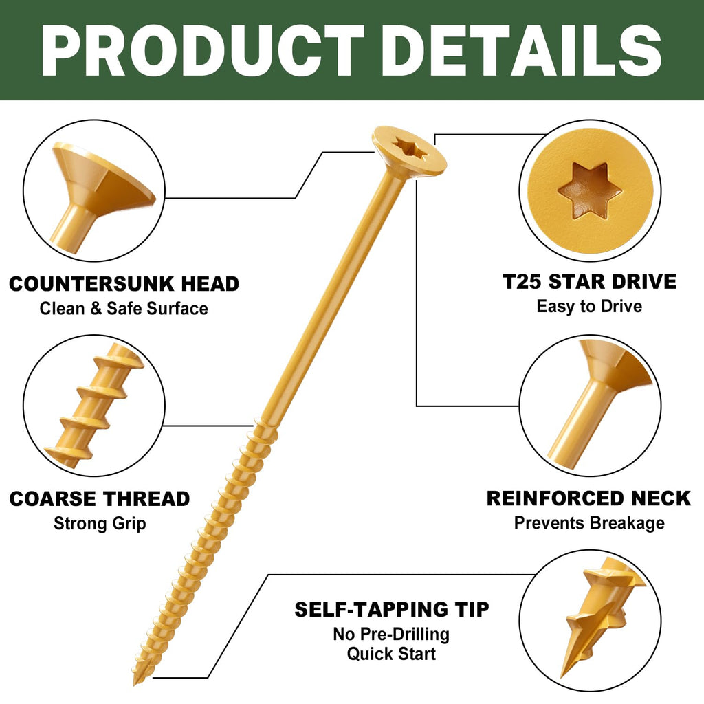 LIONMAX Deck Screws 4 Inch, Wood Screws #10 x 4, 50 PCS, Tan