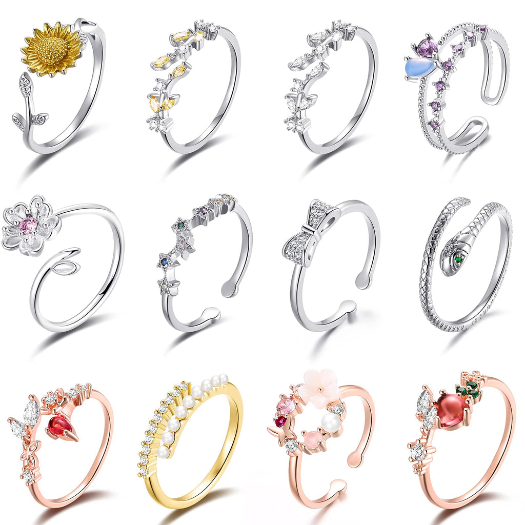 12 Pcs Rose Gold Rings for Women Knuckle Rings Set - Engagement Rings for Women - Cubic Zirconia Rings for Teen Girls - Stackable Rings for Women Finger Rings- Pack of Silver Rings for Teen Girls
