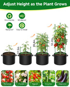 MQJIAZHI 4 Pack Tomato Trellis Cages 55 Inch Height, with 17 Gallon Square Grow Bags, Heavy Duty Tomato Plant Support Stakes for Outdoor Garden Climbing Vegetables Fruits Flowers