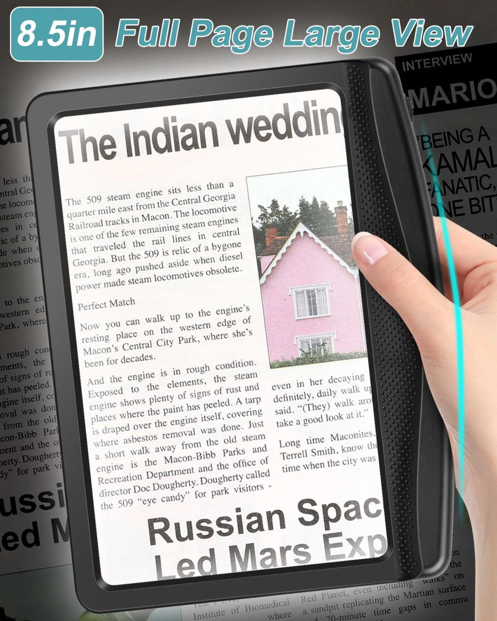 AKKYCVS 5X Rechargeable Magnifying Glass for Reading, Large Bright LED Lighted Full Page Magnifier, Lightweight Rectangular Handheld Magnifier with Light for Reading Small Prints for Seniors, Black