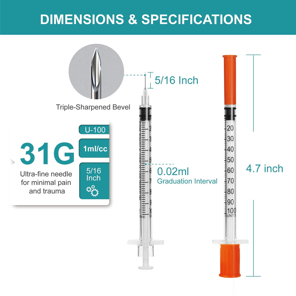 U-100 syringes with needle - 1ml 31G ( 31 gauge ) 5/16 inch syringe with needles scale in 100 units , 1 ml / 1cc Pack of 100 ( 100Pack )