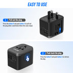 VYLEE Universal Travel Adapter, 5 in 1 International Power Adapter with 3.5A 2xUSB-A & 2xUSB-C Ports, Travel Plug Adapter Worldwide for Europe USA UK AUS Travel Essentials (Black Grey)