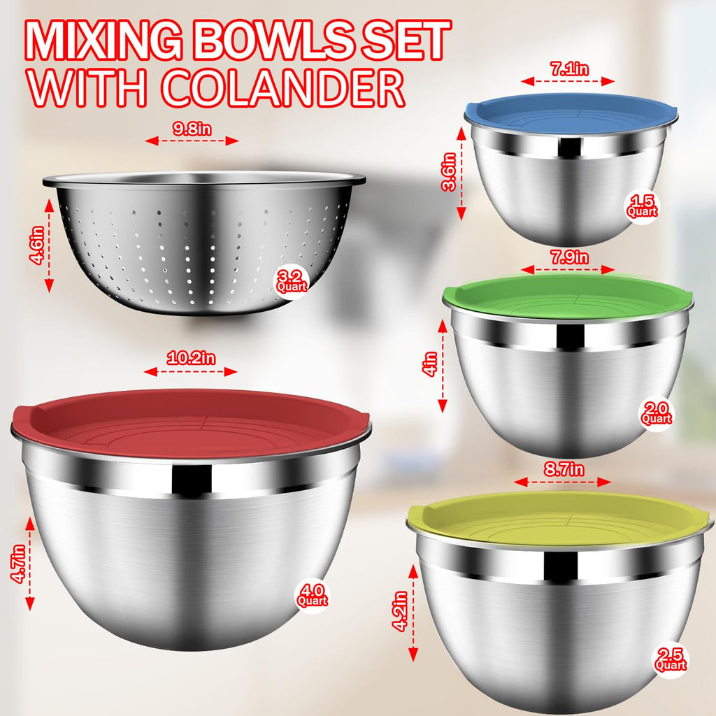 DUTZUN Mixing Bowls with Strainer, Mixing Bowl with Lids Set, Stainless Steel Mixing Bowls, Kitchen Gadgets 2025 Salad Bowls with Strainer for Mixing & Preping & Baking, Multicolor