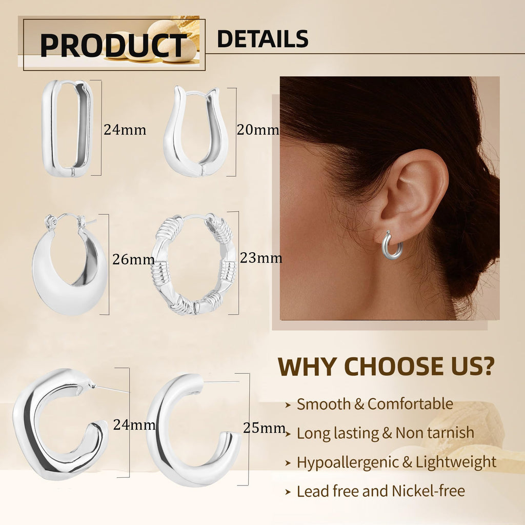 6 Pairs 14K Gold Plated Hoop Earrings for Women Lightweight Chunky Hoop Earrings Multipack Hypoallergenic, Thick Open Twisted Huggie Hoops Earring Set Jewelry for Gifts. (new silver hoops)
