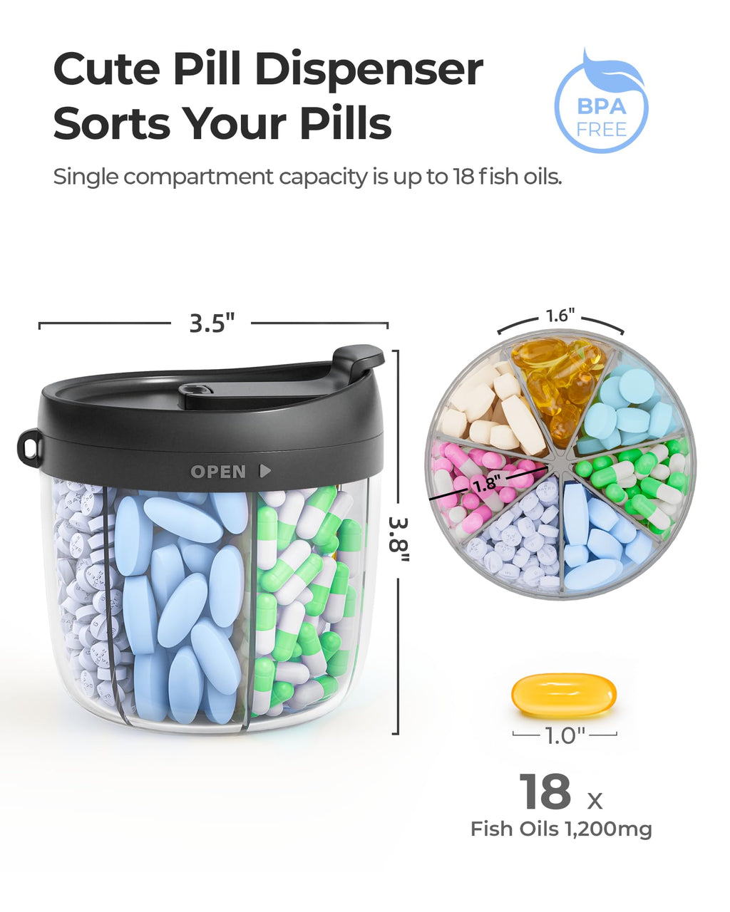 AMOOS Cute Pill Dispenser with 7 Large Compartments, Portable Pill Bottle Organizer with Wide Opening for Easy Use, Anti-Mix Pill Organizer for Travel, BPA-Free Pill Container, Black