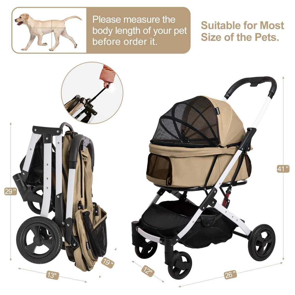 BETSOCCI Pet Stroller for Medium Small Dog & Cat, Foldable Lightweight Dog Stroller with Storage Basket Pet Travel Carriage with Safety Leashes, 4 Wheel, Khaki