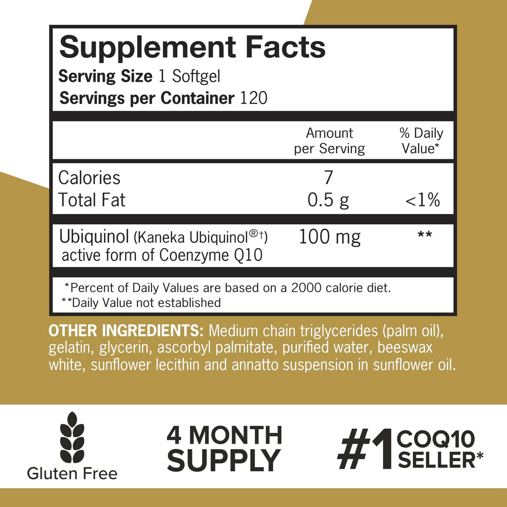 Qunol 100mg Ubiquinol, Powerful Antioxidant for Heart & Vascular Health, Essential for Energy Production, Natural Supplement Active Form of Coq10, 120 Count