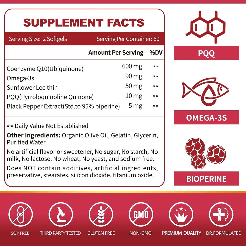 CoQ10-600mg-Softgels - Extra Strength Coenzyme Q10 with PQQ, Omega-3 & BioPerine - High Absorption CoQ10 Supplements Antioxidant (Ubiquinone) for Heart Health & Energy Production, 120 Softgels