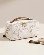 EACHY Travel Makeup Bag, Floral Cosmetic Bag for Women, Beige, Medium