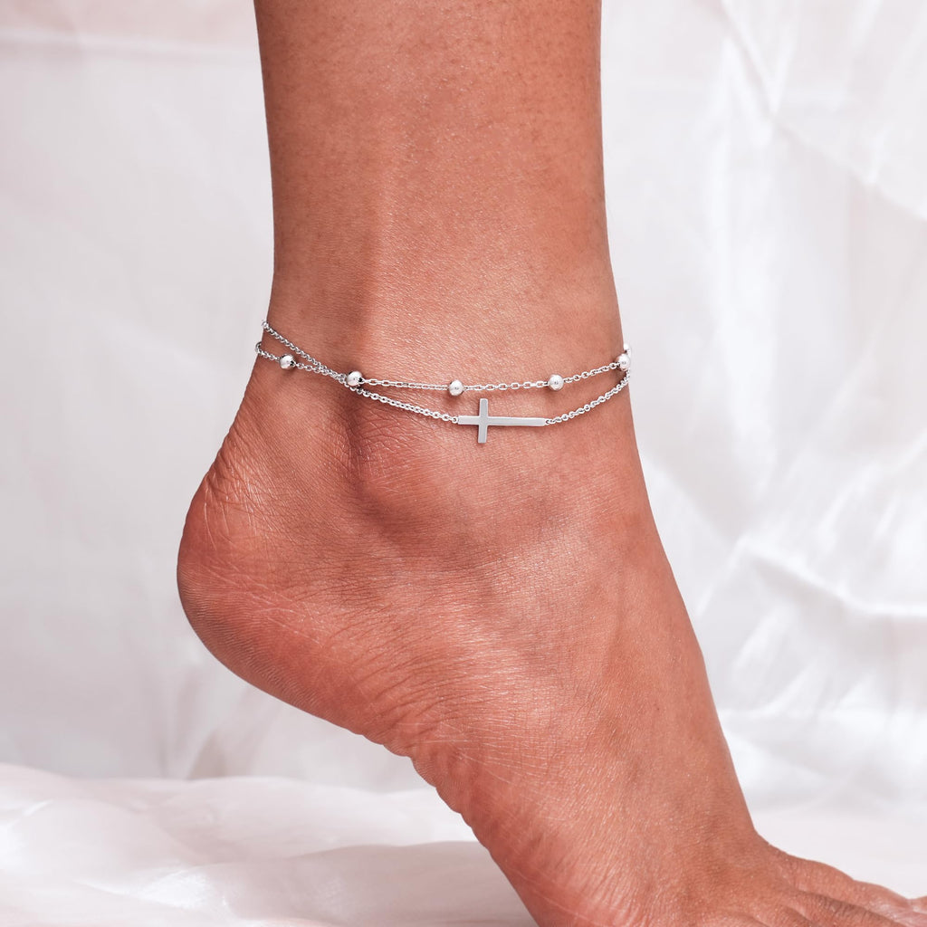 CHIC & ARTSY Cross Anklet 925 Sterling Silver Sideways Cross Ankle Bracelet Christian Layered Anklet for Women Double Chain Sexy Ankle Bracelet 11 inches