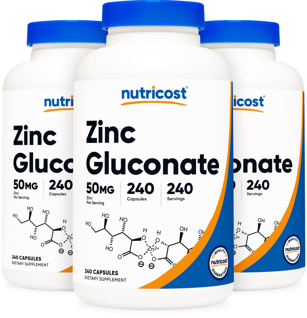 Nutricost Zinc Gluconate 240 Veggie Capsules (50mg) (3 Bottles) - Gluten Free and Non-GMO
