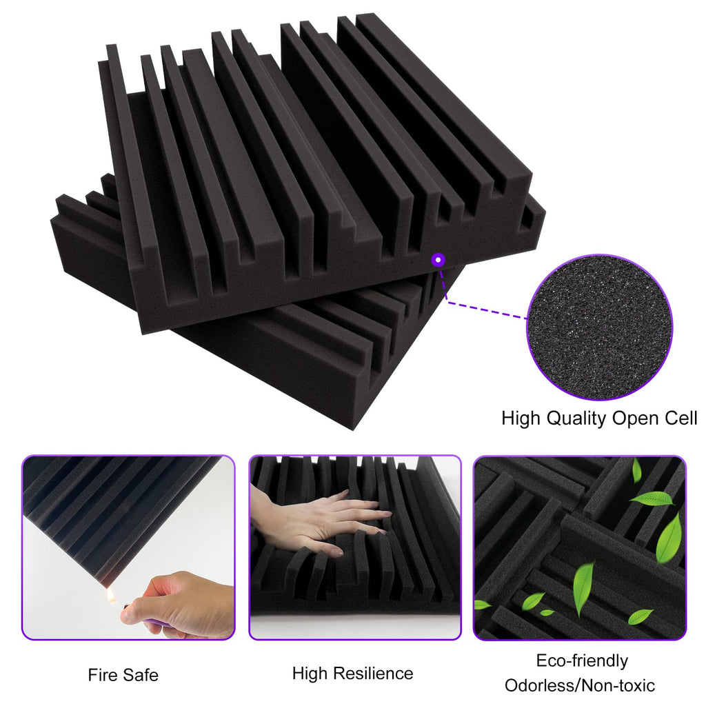 TroyStudio Thick Acoustic Foam Panels, 12 X 12 X 2 Inch 12 Pcs Broadband Sound Absorbing Foam, Dense Soundproof Padding Tile, Recording Studio Foam Absorber, Groove Decorative 3D Wall Ceiling Panel