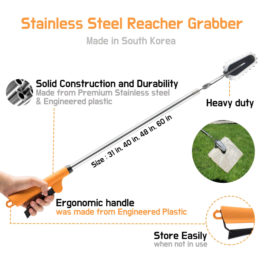 FTH All Stainless Steel Grabber Reacher Pickup Tool Heavy Duty Trash Picker Log BBQ Fireplace pits Snake Tongs