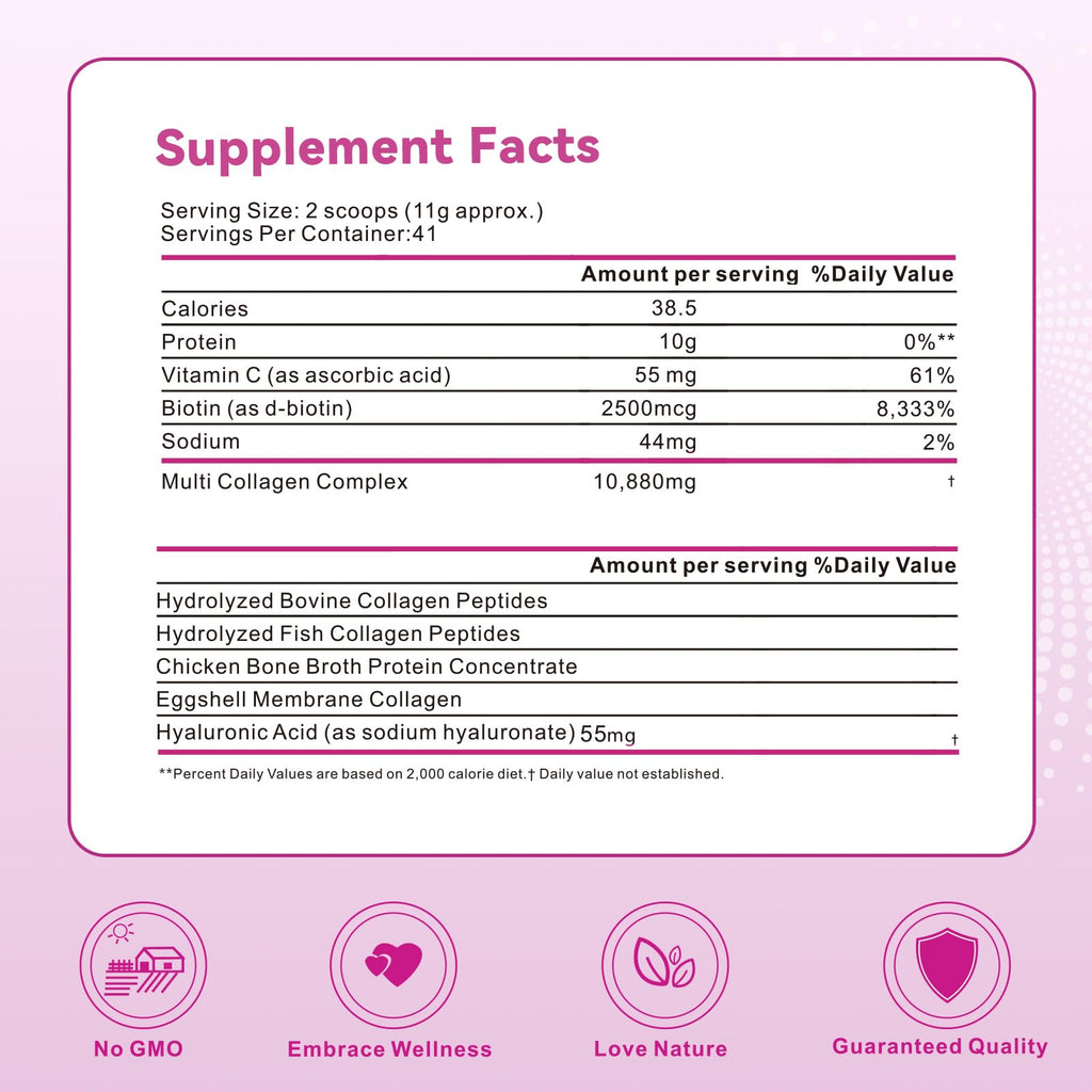 Mclovefy Multi Collagen Peptides Powder, 16 Oz (41 Servings) - Protein Supplement, Type I, II, III, V, X with Hyaluronic Acid, Vitamin C and Biotin, Unflavored, Easily Mixes in Drinks