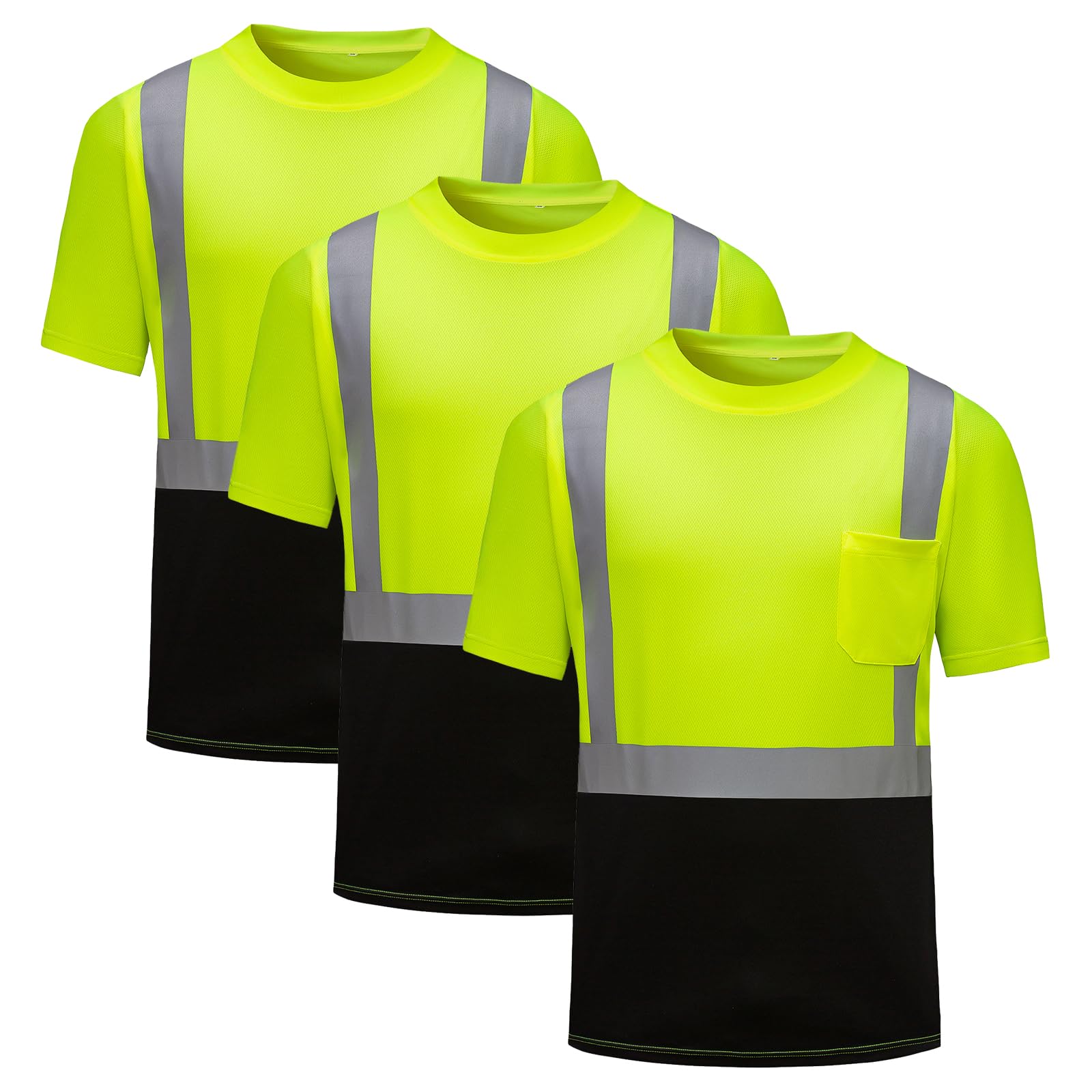 DPSAFETY Hi Vis Safety Shirts，High Visibility T Shirts with Reflective Strips and Pocket, Quick Dry Mesh Construction Work Shirt for Men/Women Black Bottom Lime 3pk 2XL