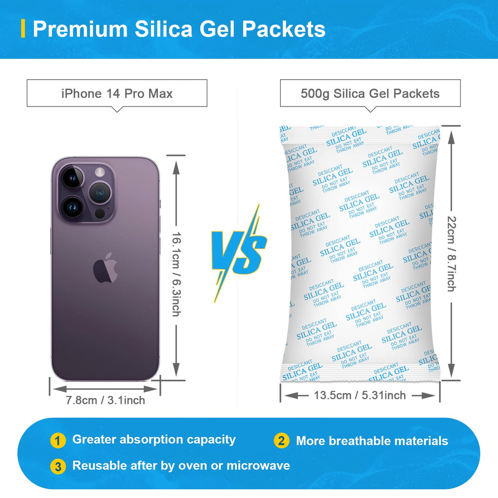 Large Desiccant Packs, 500 Gram 10 Packs Silica Gel Packets, Silica Gel Car Dehumidifier by Reusable, Large Moisture Absorbers for Electric Tool, Basement, 3D Filaments and Safes