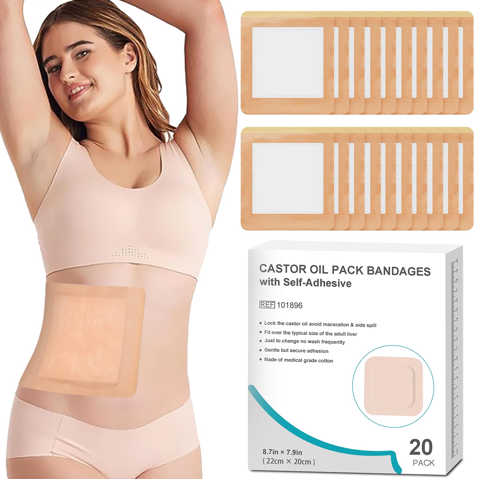 20Pcs Castor Oil Pack Wrap, Castor Oil Packs for Liver Detox, Highly Absorbent 8.7"*7.9" Self-Adhesive Castor Oil Wrap Organic Cotton, No Wash, Easy to Use, Anti-Seepage(Oil Not Included)