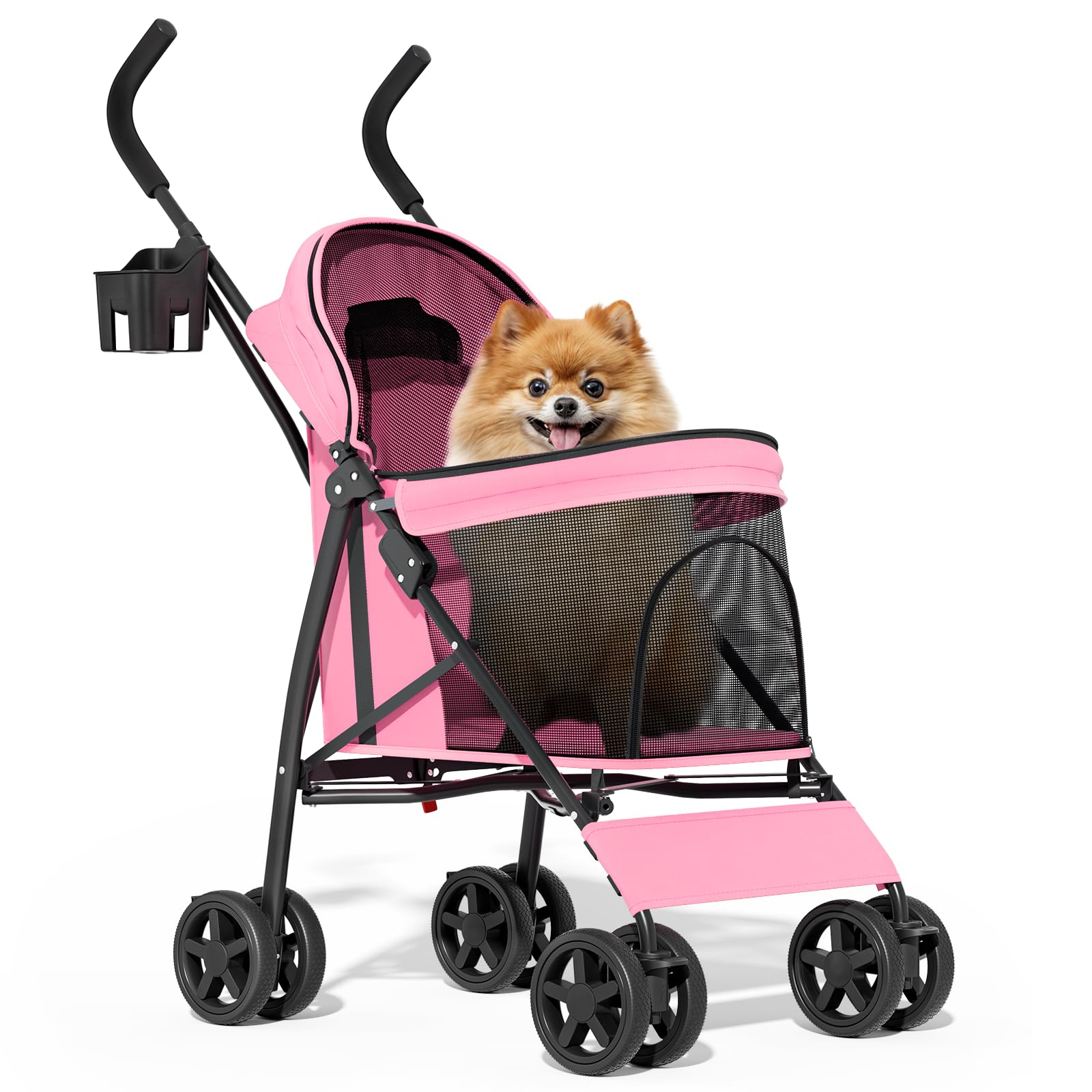 MoNiBloom 4 Wheels Pet Stroller, Easy-Fold Puppy Cage Jogger Stroller with Sun Cover, Pad and Rear Storage Bag, Breathable and Visible Mesh for Small/Medium Pets up to 22 lbs, Pink