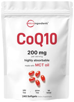 CoQ10 200mg Per Serving | 240 Softgels with Coconut MCT Oil | High Absorption Coenzyme Q10 as Ubiquinone | Antioxidant Support for Heart & Energy Health | Non-GMO