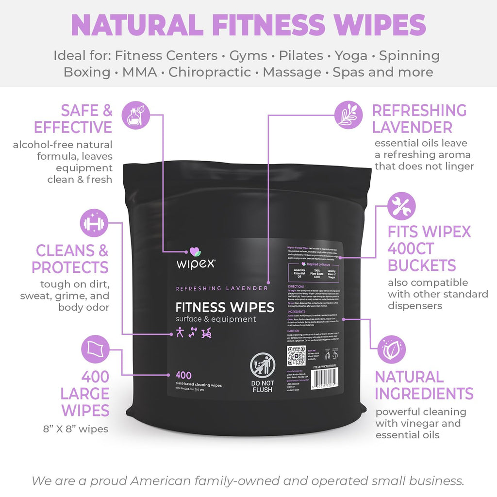 Wipex Gym Wipes Bucket Refill – EWG Verified, Plant-based Fitness Equipment Wipes, Lavender and Vinegar to Clean Surfaces, Safe Yoga Mat Cleaner, Gym & Peloton Bike Cleaner, 400 Count (Pack of 2)