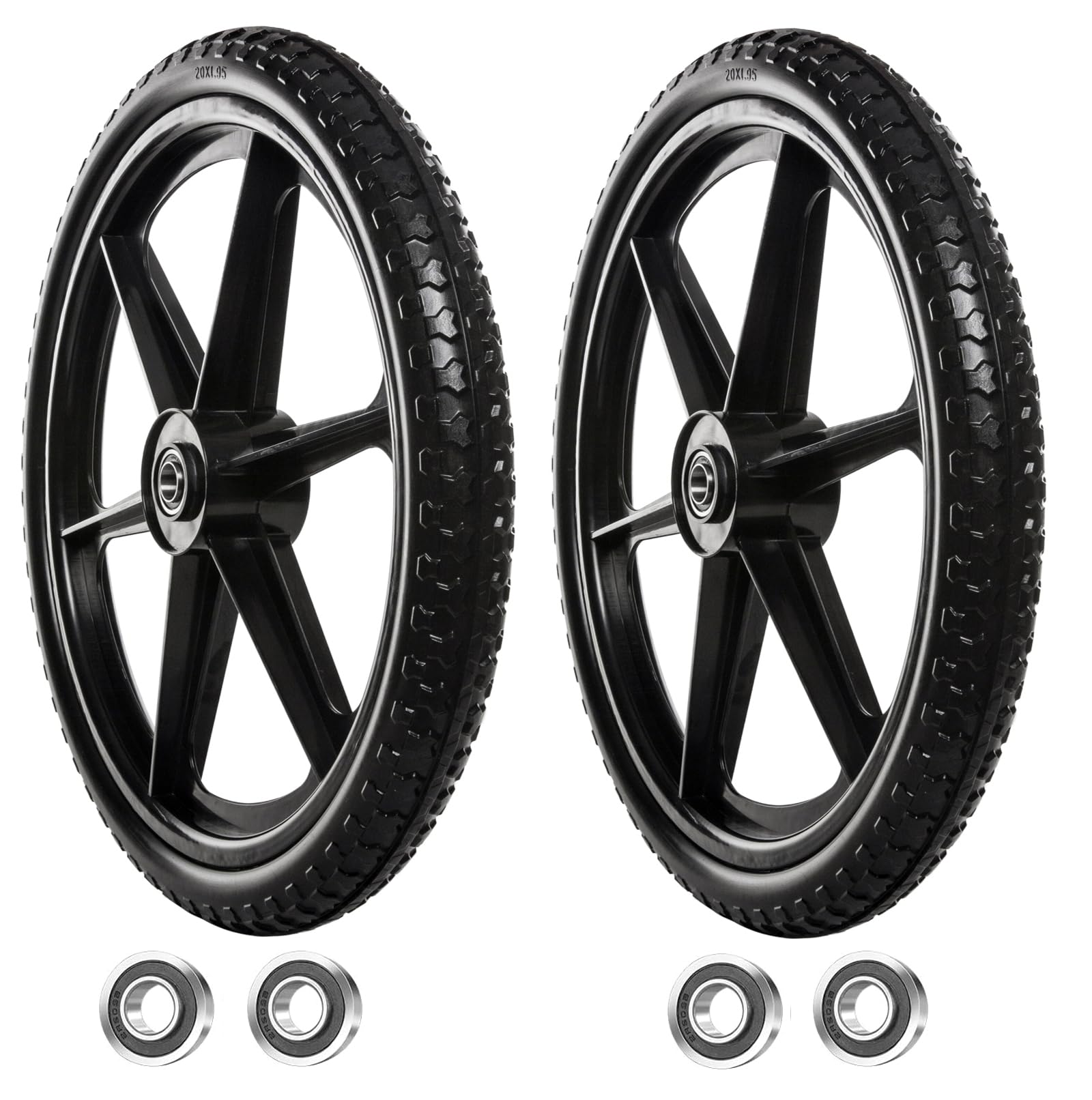 Jinleader 2 PCS 20" PU Flat Free Tire with 3/4'' and 5/8'' Bearings, Non-inflated Tires and Wheels, 20x2 Inch Wheel for Wheelbarrow, Carts, Garden Trailers