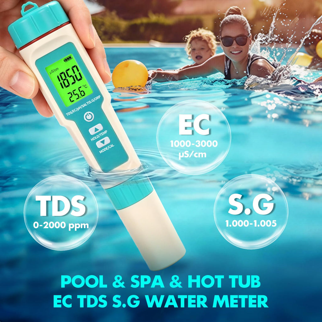 7 in1 Pool Thermometer, PH & Salt Meter, Digital Pool TDS EC ORP SG Salinity Test Kit, Professional High Accuracy Water Quality Tester & Monitor for Swimming Pool, Spa, Hot Tub, Hydroponics & Aquarium