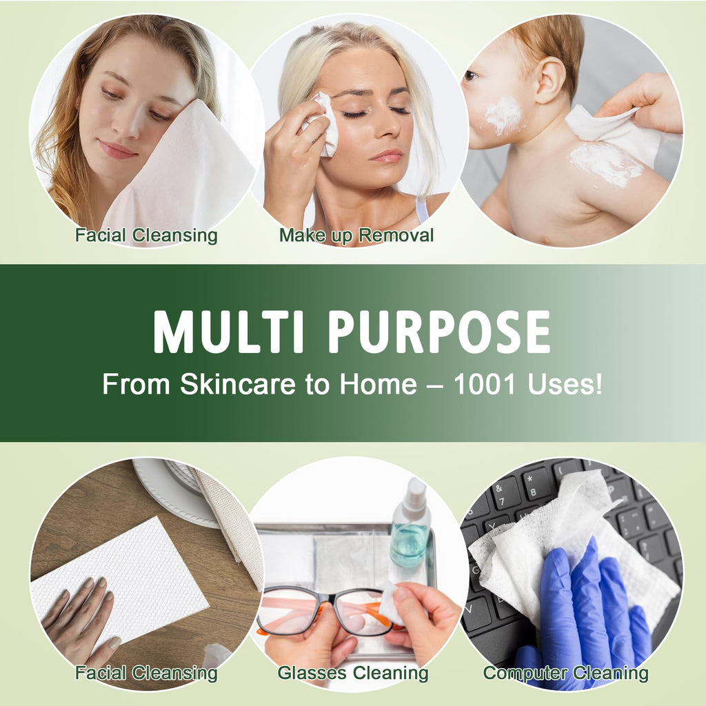 Disposable Face Towels 300 Count, Biodegradable Ultra Soft & Thick Facial Towels for Sensitive Skin, Lint-Free Makeup Remover Dry Wipes, Multi-Purpose Cleansing Towelettes for Face Wipes, Skincare