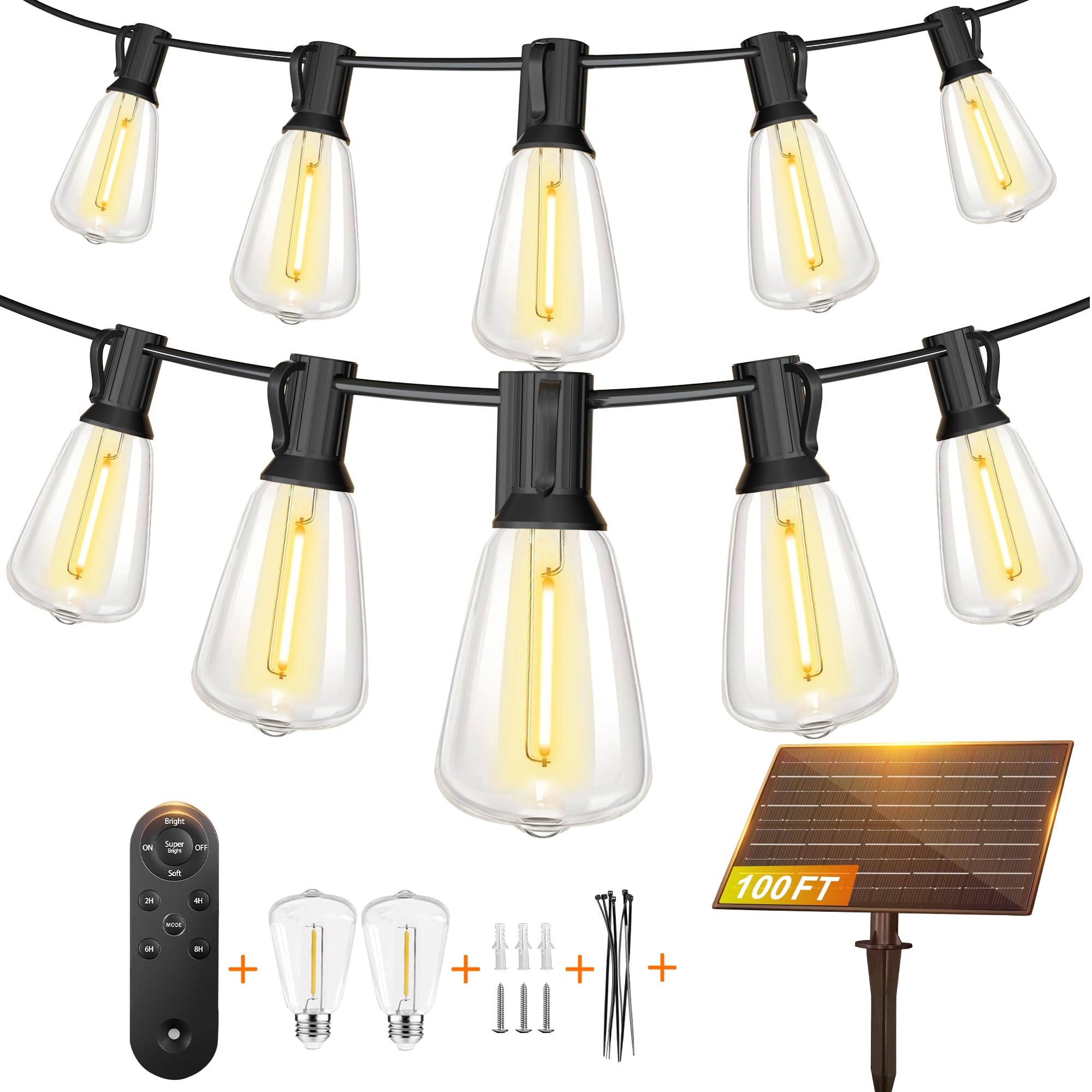 BLIATLUS 100FT Super Bright Solar String Lights Outdoor Waterproof with Remote Control 30+2 Shatterproof LED ST38 Bulbs for Porch Garden Market Bistro Patio Backyard Fence