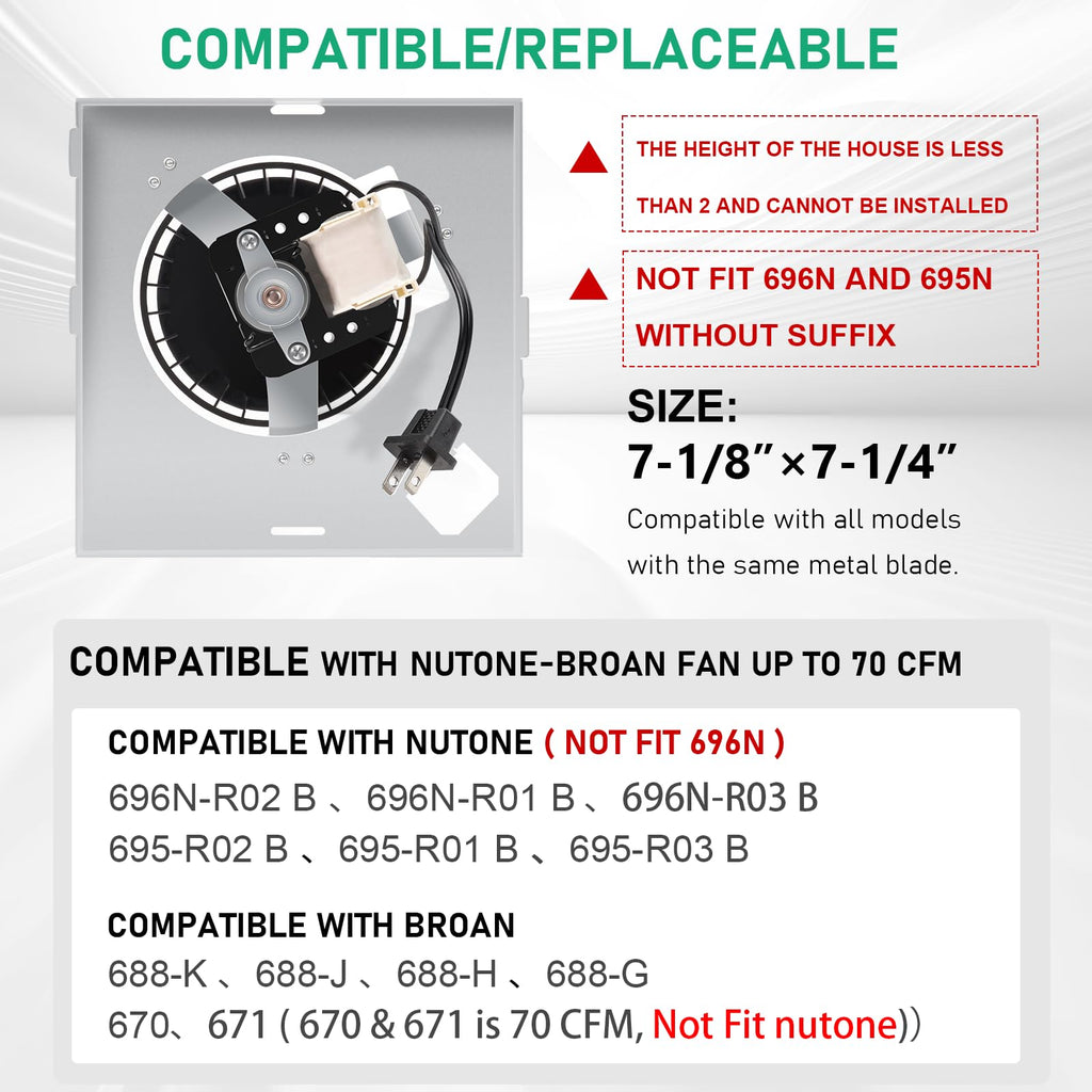 【Upgraded】 696N-R02 B Unit 70CFM Fan with Grille Compatible with Broan-Nutone 688-K 688-J 688-H 688-G 695N-R02 B, 696N-R01 B, 695N-R02 B,3.0 Sones