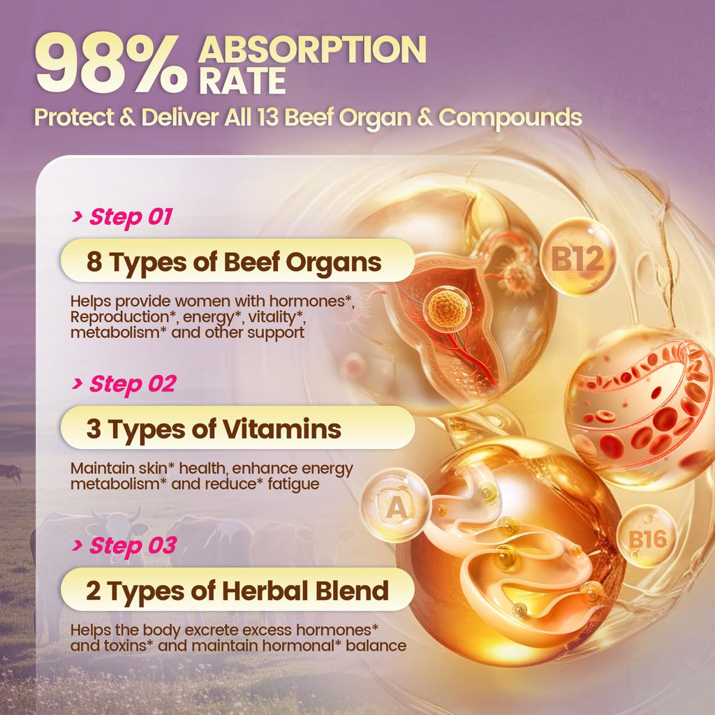 VivoNu Beef Organ Supplement for Women, 300 Day Supply, 11000mg per Serving Beef Organs with Bovine Liver, Ovary, Uterus, Kidney, Heart, Bone & More, 100% Grass Fed, Balance Hormones, Energy, 3 Bag