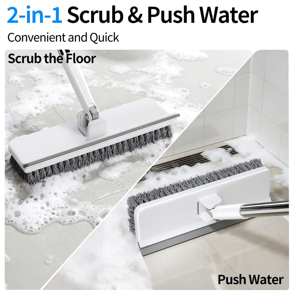 Purexa Floor Scrub Brush with 55" Long Handle, 2-in-1 Floor Brush with Built-in Squeegee, Adjustable Angle Head and Stiff Bristles for Tile, Wood, Concrete & Textured Floor Cleaning