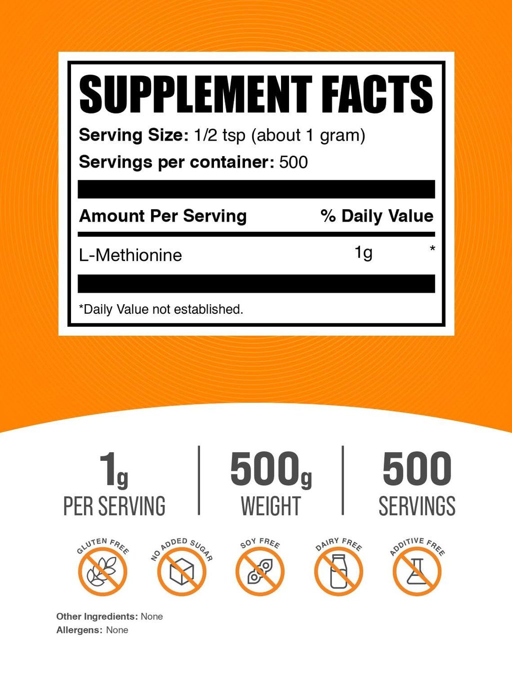 BulkSupplements.com L-Methionine Powder - Amino Acids Nutritional Supplements, Choline Supplements, Antioxidants Supplement - Gluten Free, 1g per Serving, 500g (1.1 lbs) (Pack of 1)