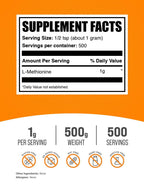 BulkSupplements.com L-Methionine Powder - Amino Acids Nutritional Supplements, Choline Supplements, Antioxidants Supplement - Gluten Free, 1g per Serving, 500g (1.1 lbs) (Pack of 1)