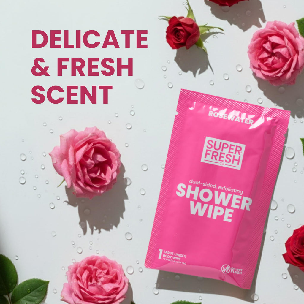 Super Fresh Shower Wipes Large RoseWater Body Wipes for No Rinse Bathing Personal Hygiene Gym Travel or Camping Enriched with Aloe and Vitamin E 20 Individually Wrapped Disposable Sheets