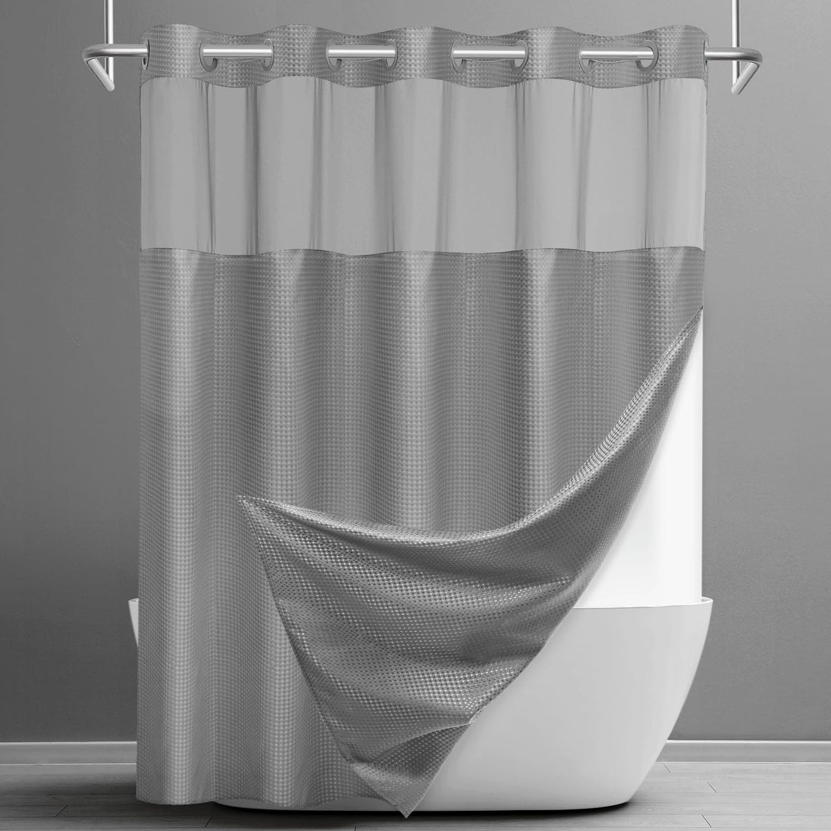 Ringless Waffle Shower Curtain with Snap in Liner Set,  71x74, Grey