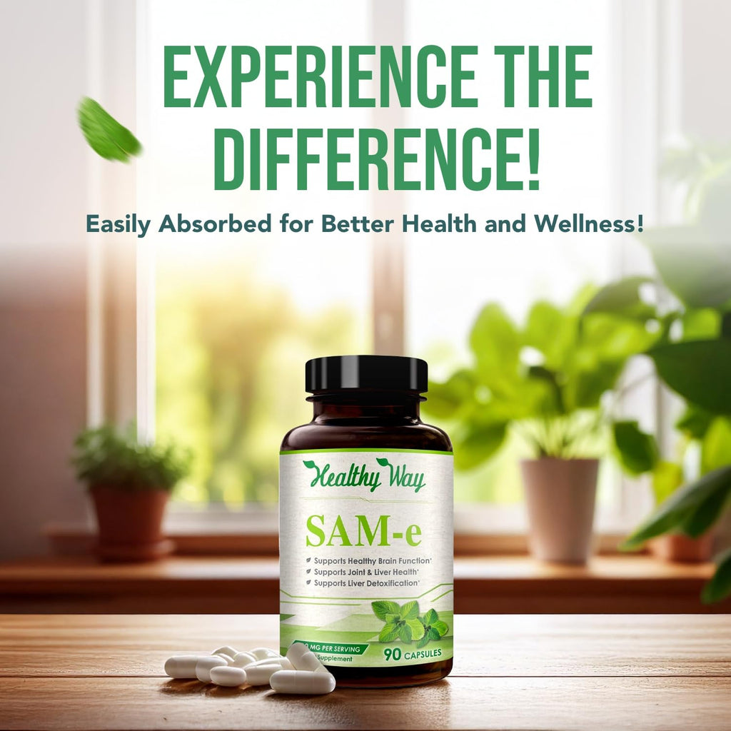 HealthyWayRx SAM-e 400mg Capsules - Easy Absorption SAM e Supplement 400mg from S-Adenosyl-Methionine for Brain Liver and Mood Support - Non-GMO Gluten Free & Made in cGMP Facility (90 Servings)