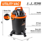 Armor All VO405P 0901 4 Gallon Wet/Dry Vac 2.0 Peak HP Shop Vacuum with Nozzles & Brush,Black/Orange