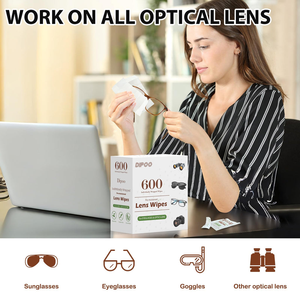 600 Count Lens Wipes for Eyeglasses, Eye Glasses Cleaner Wipes Pre-moistened Individually Wrapped Sracth-Free Streak-Free Eyeglasses Cleaning for Sunglass, Camera Lens, Goggles