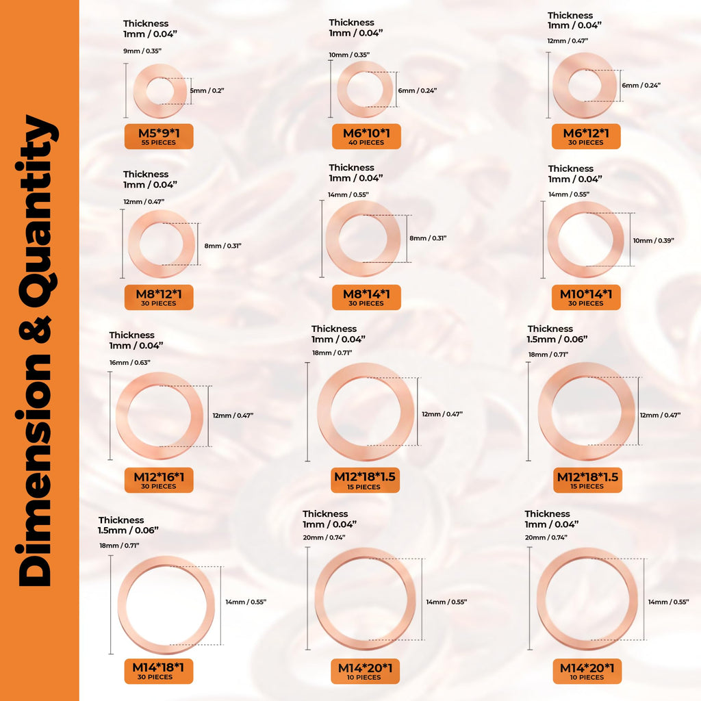 325 PCS Crush Copper Washers Assortment Kit; 10 Size Flat Sealing Copper Washers (M5-M14) for Electronic, Automotive, Motorcycles, Marine and Mechanical Use