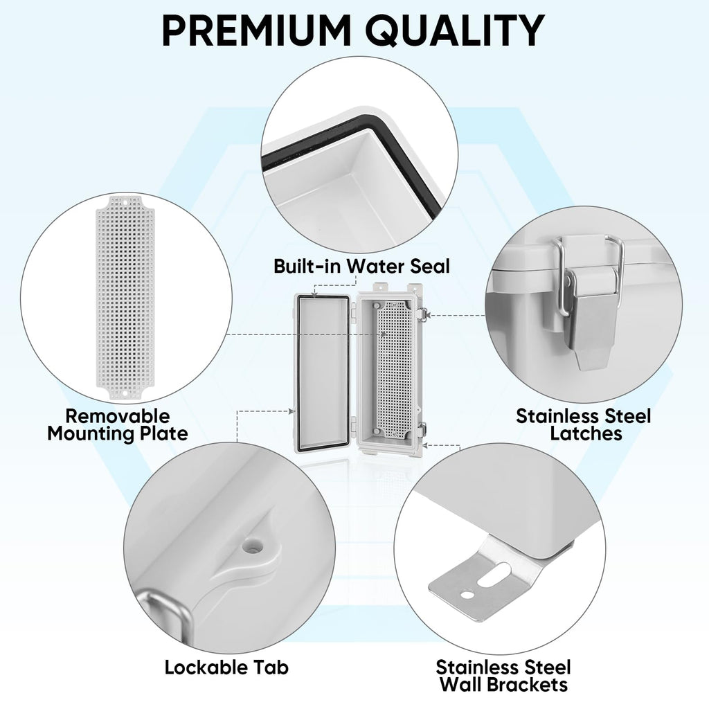 TICONN Outdoor Electrical Box Waterproof, Junction Box IP67 ABS Plastic Enclosure with Hinged Cover with Mounting Plate, Wall Brackets, Cable Glands (Off-White, 10.2"x4.3"x3.0")