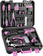 PULITUO Drill Set, 149-Piece Home Tool Set with 12V Pink Cordless Drill, Tool Box, Hand Tool Kits for Women & Men and DIY Enthusiasts, for Home Improvement