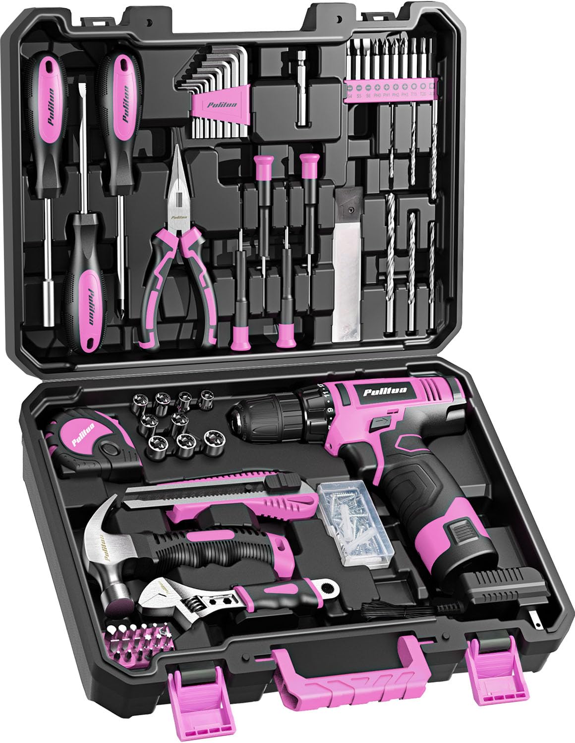 PULITUO Drill Set, 149-Piece Home Tool Set with 12V Pink Cordless Drill, Tool Box, Hand Tool Kits for Women & Men and DIY Enthusiasts, for Home Improvement