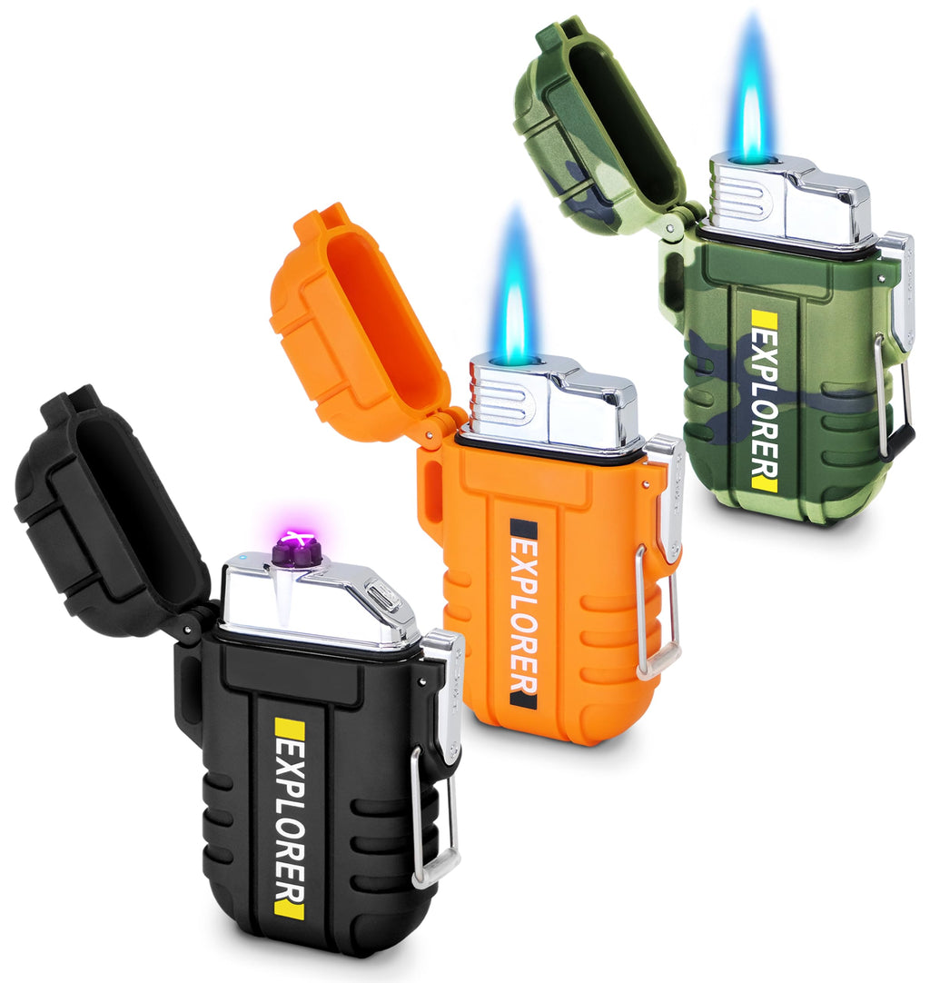 3 Pack Waterproof Lighter Outdoor Windproof Torch Lighters Dual Arc Lighters Butane Electric USB Rechargeable Flameless Plasma Lighter Camping Hiking Adventure Survival Tactical Gear